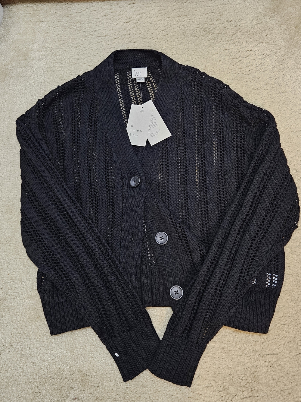 a new day Black Open-Weave V-Neck Button Cardigan - Picture 3 of 5